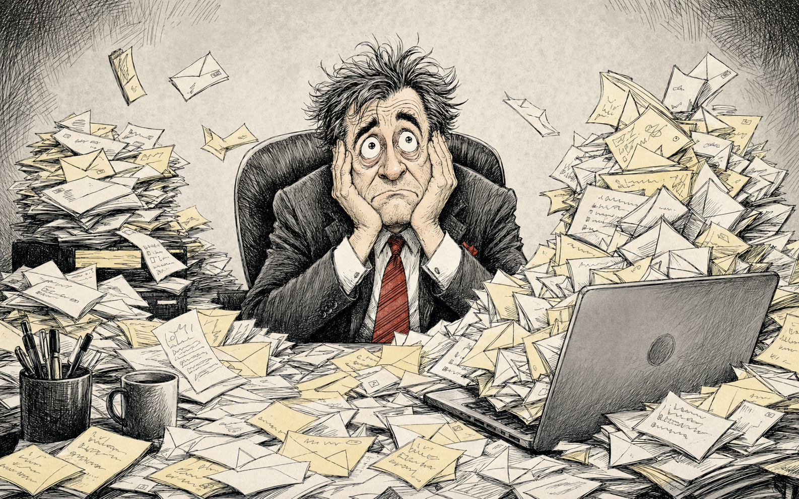 Satirical ink cartoon of an overwhelmed school administrator buried under parent emails and paperwork