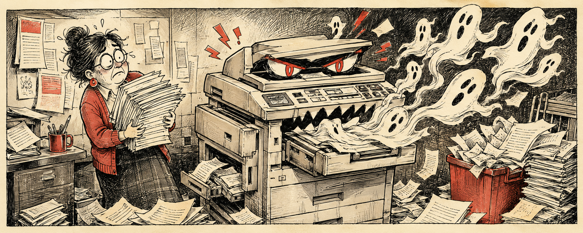 Editorial cartoon of a haunted faculty copier jamming paper in a school workroom