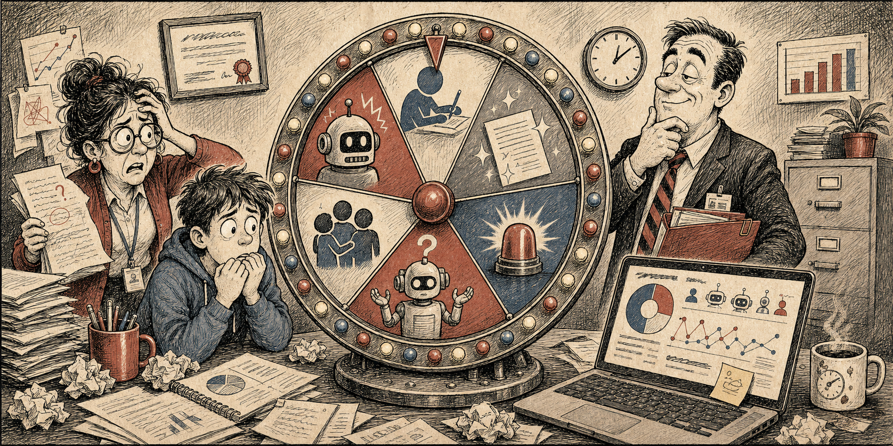 Editorial cartoon of an AI detector roulette wheel with an anxious teacher and student