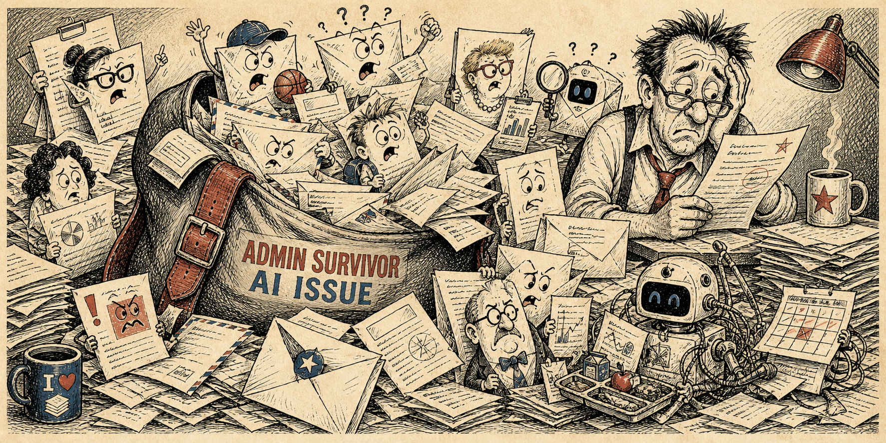Editorial cartoon of an overflowing AI issue mailbag with letters from school stakeholders