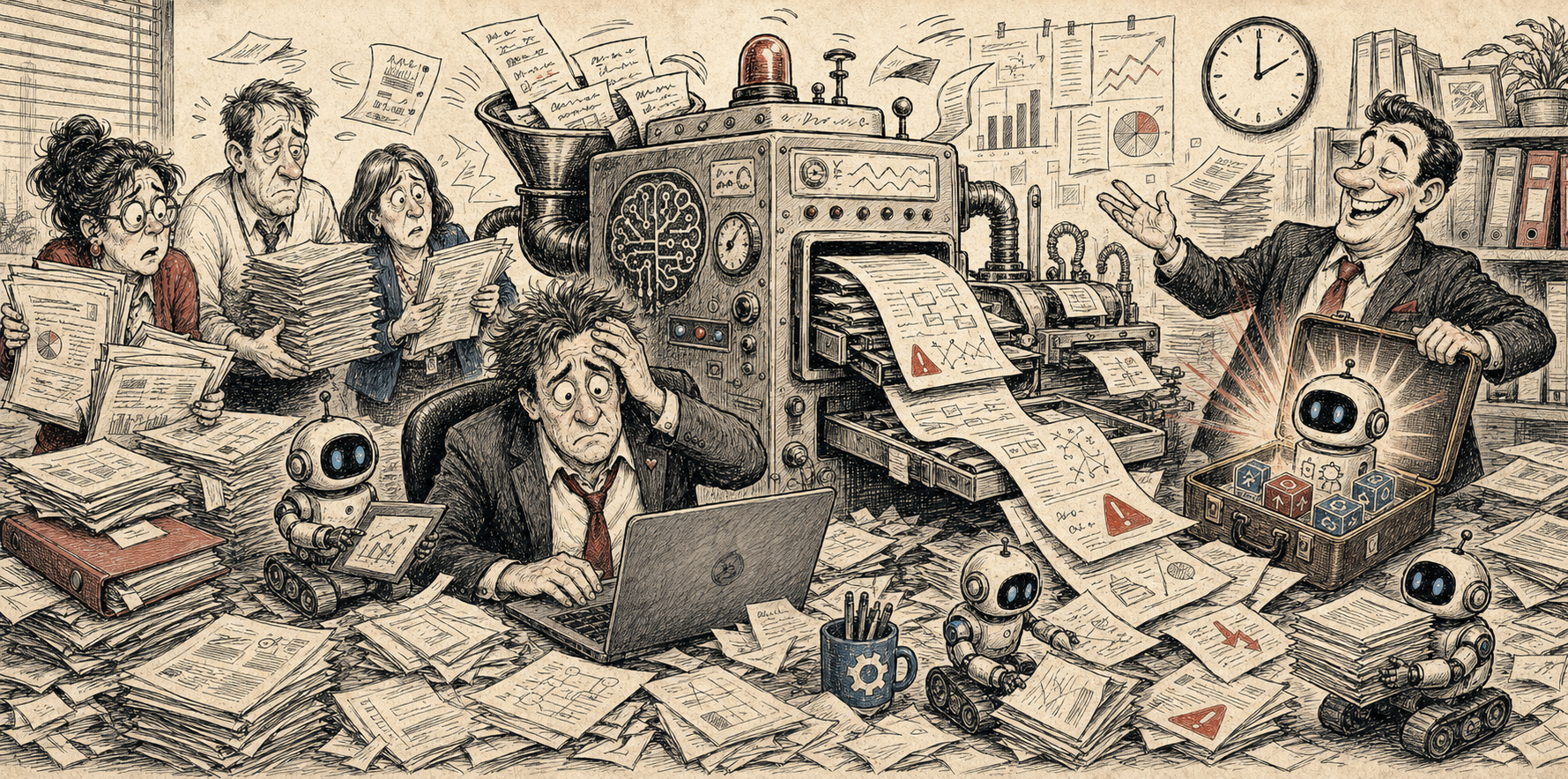 Editorial cartoon of an AI policy generator machine in a school office with anxious educators and a vendor