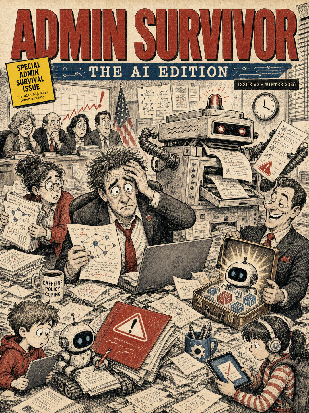 Satirical ink cartoon of school administrators, teachers, students, and an edtech vendor in AI policy chaos
