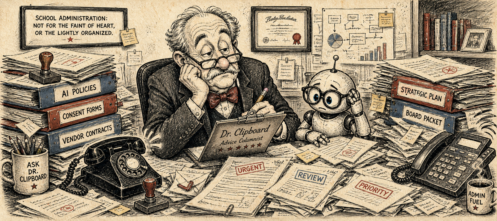 Editorial cartoon of Dr. Clipboard at a desk piled with AI policies and a confused robot