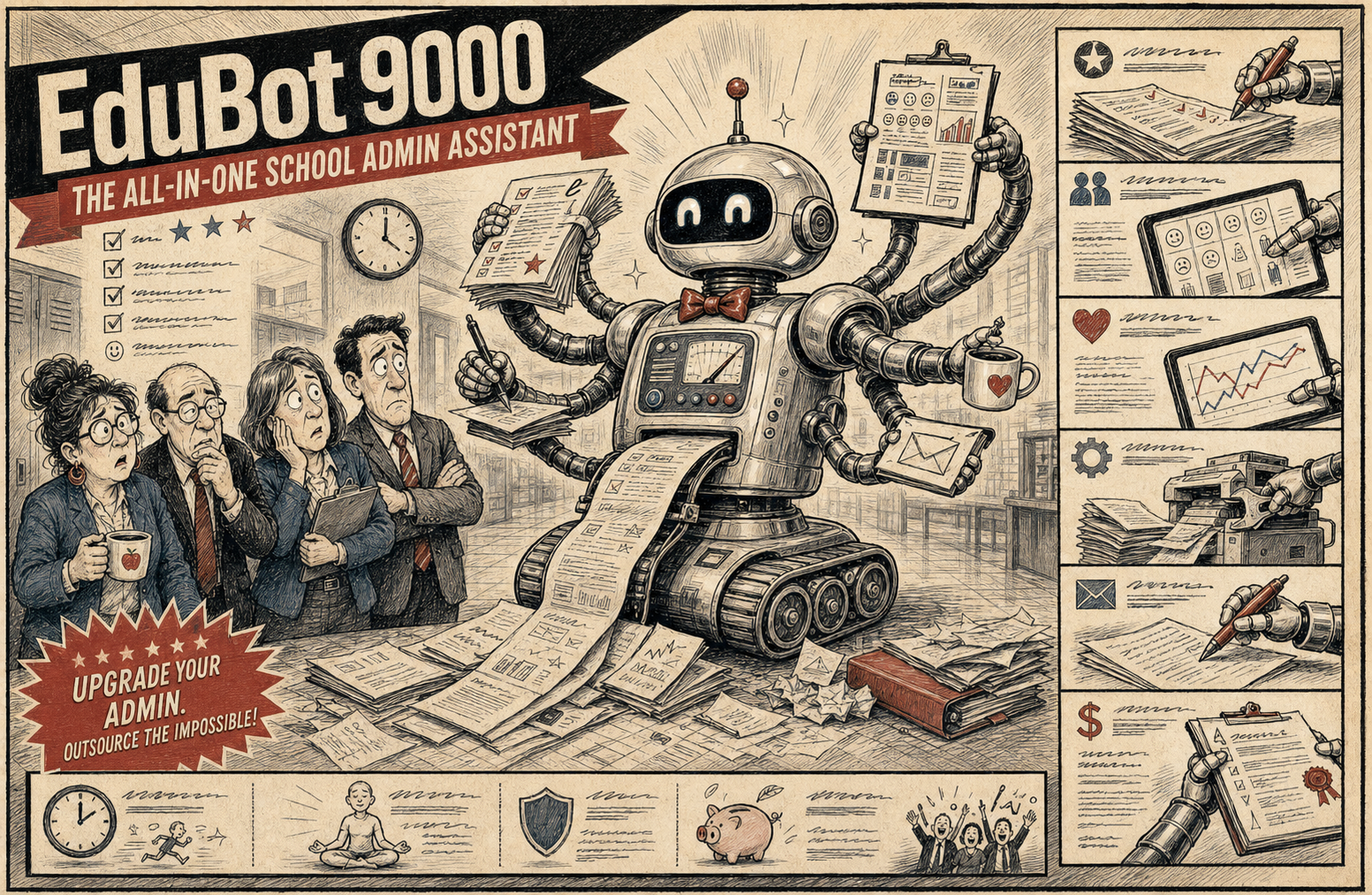Editorial cartoon fake advertisement for a ridiculous school robot with many administrative attachments