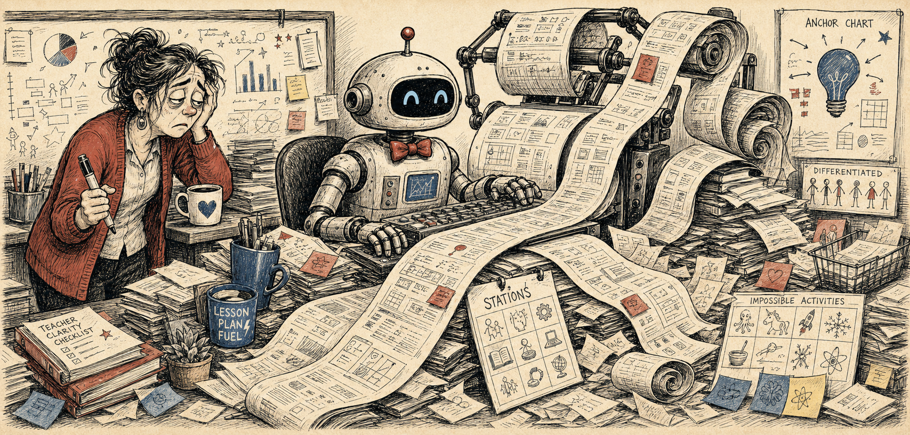 Editorial cartoon of a robot teacher generating impossible lesson plan scrolls while a tired teacher watches