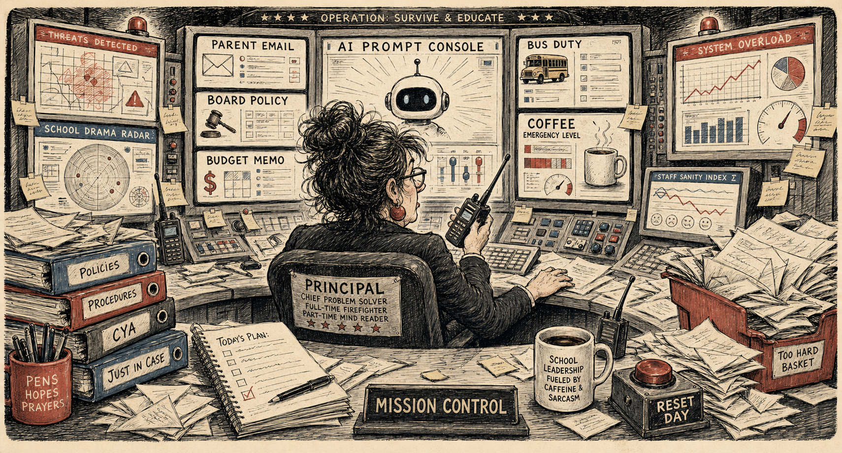 Editorial cartoon of a principal at a command center managing AI prompts and school crises