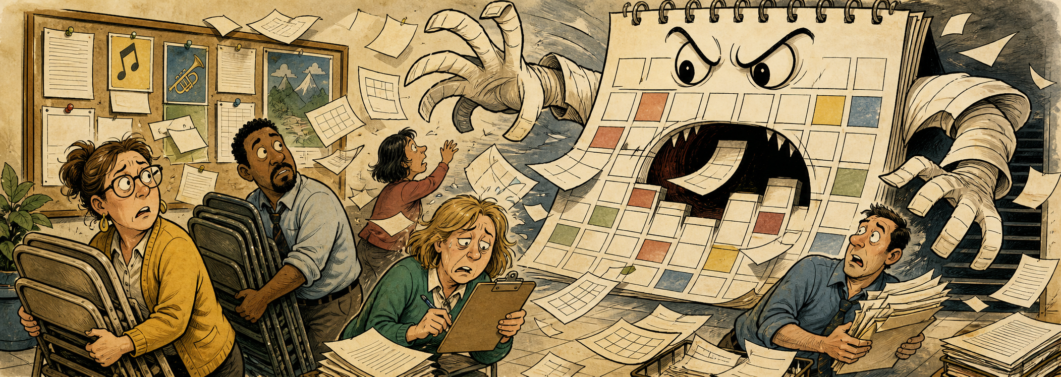 Editorial cartoon of a monstrous late-year school calendar overwhelming educators with events