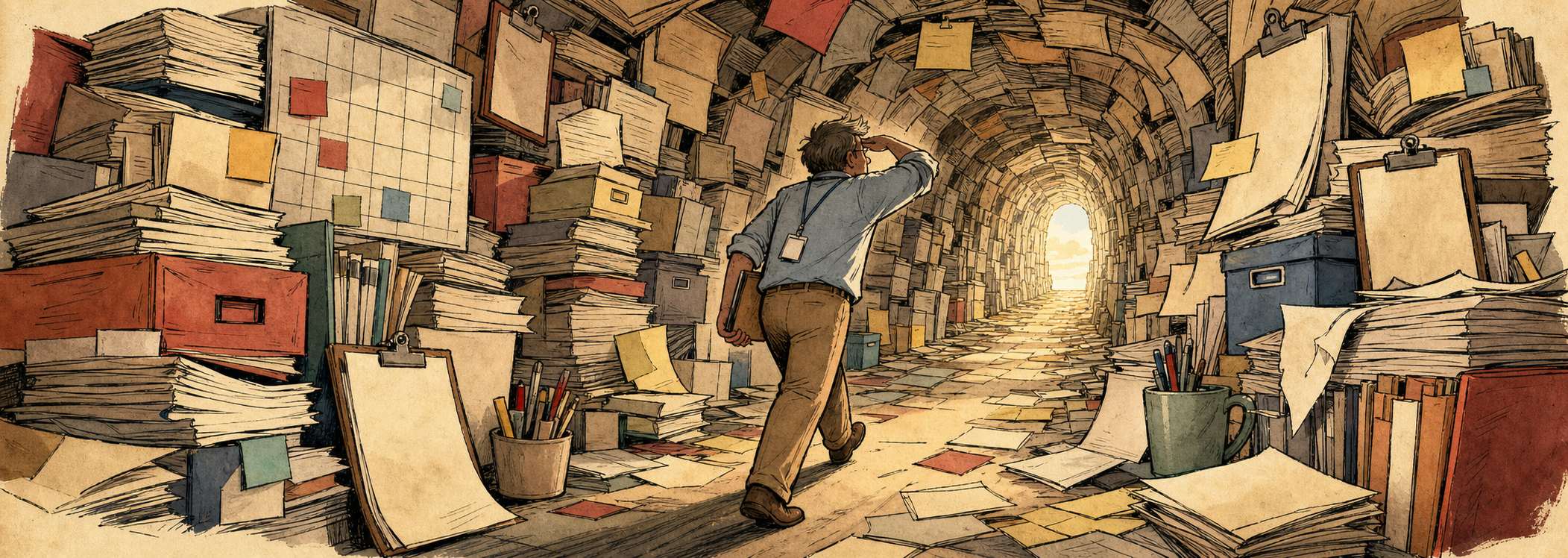 Editorial cartoon of a tired administrator walking through a tunnel of school paperwork toward sunlight
