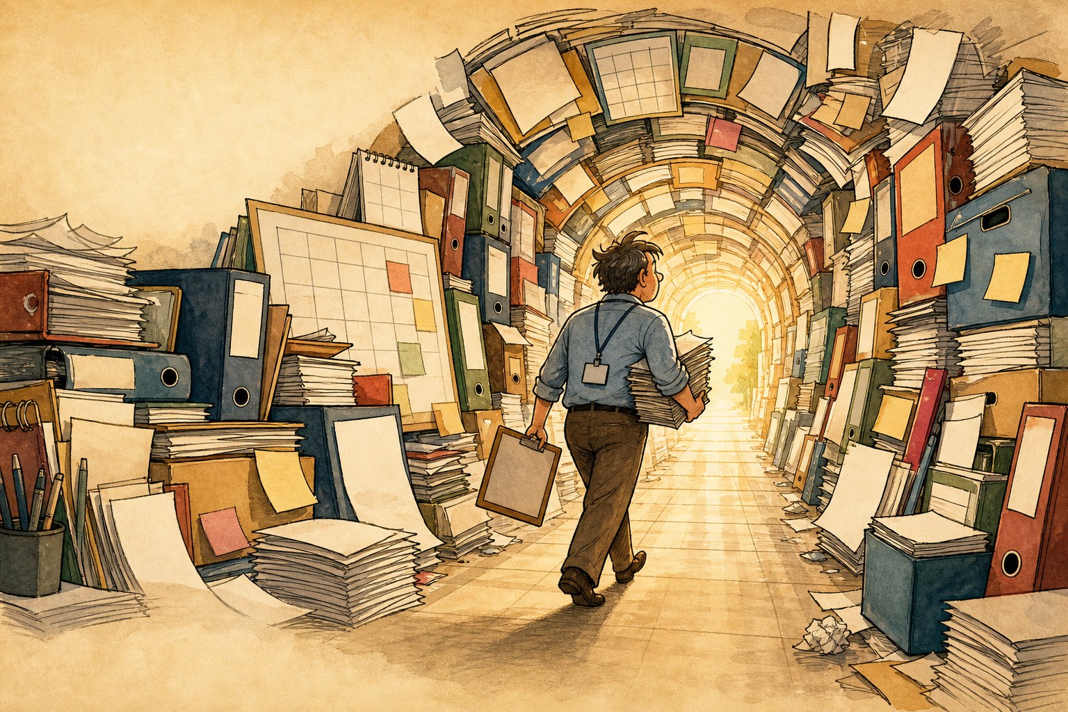 A tired administrator sees light at the end of a tunnel made of emails, testing boxes, staffing notes, and calendars