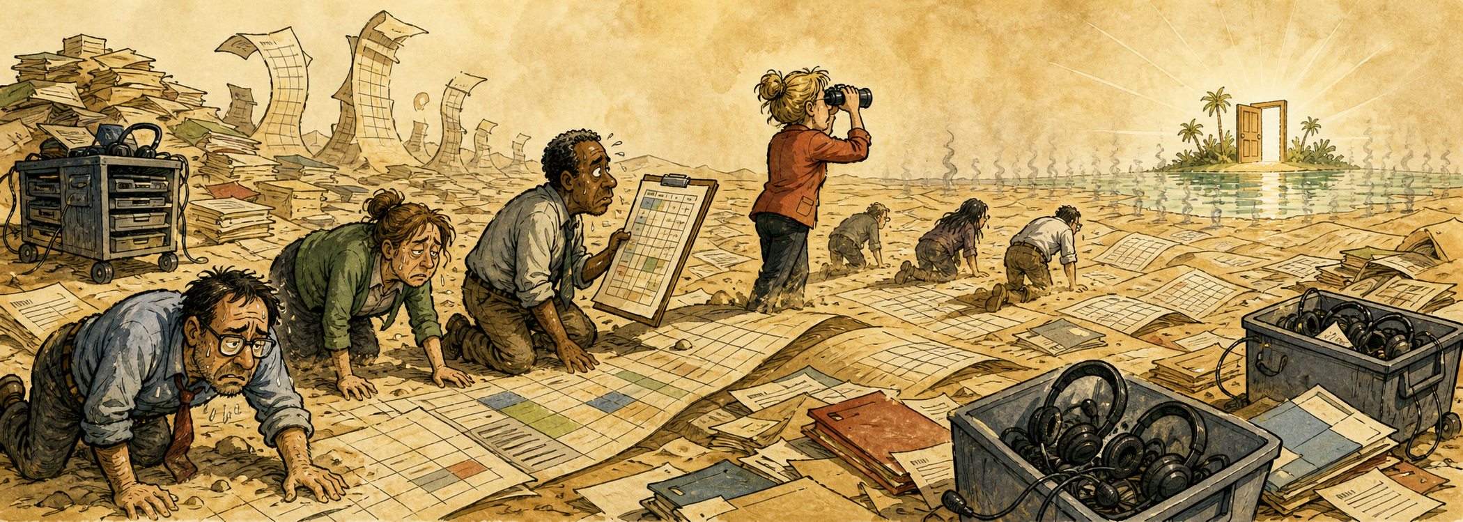 Editorial cartoon of school staff crossing a desert made of spreadsheets and testing materials