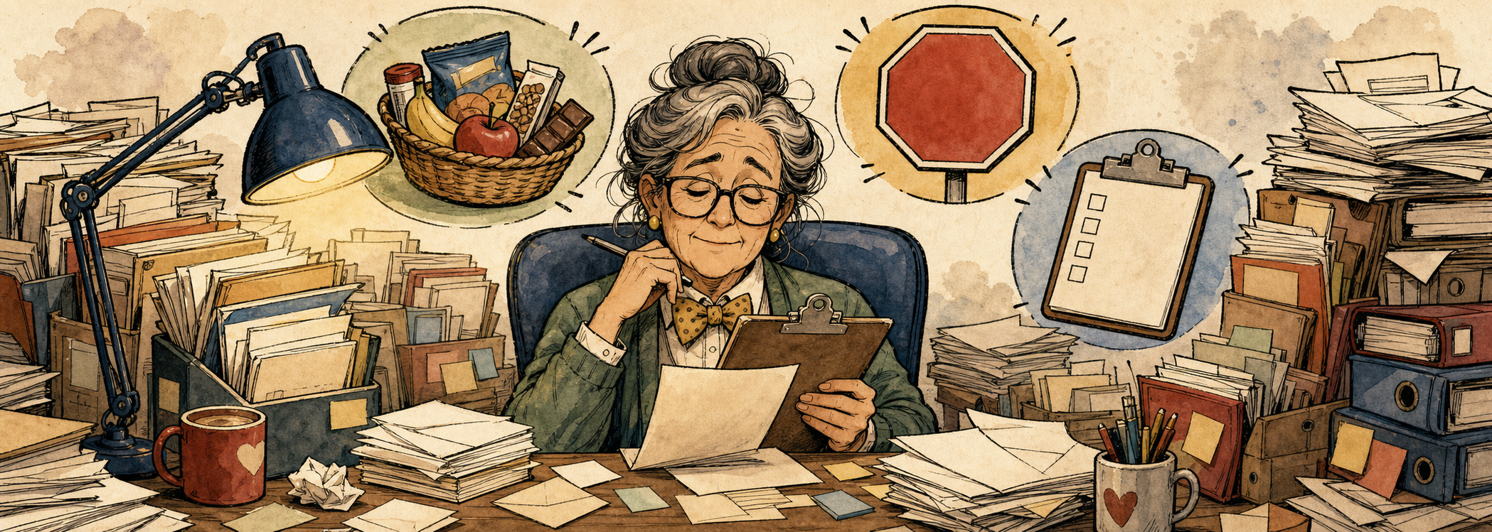 Editorial cartoon of Dr. Clipboard answering late-year school advice letters at a messy desk