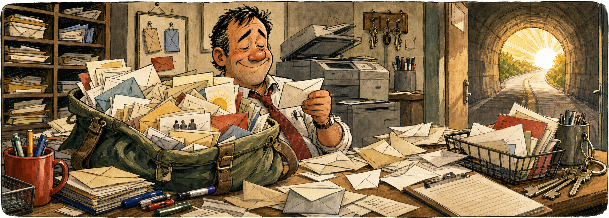 Editorial cartoon of an overflowing school mailbag near a tunnel exit of warm light
