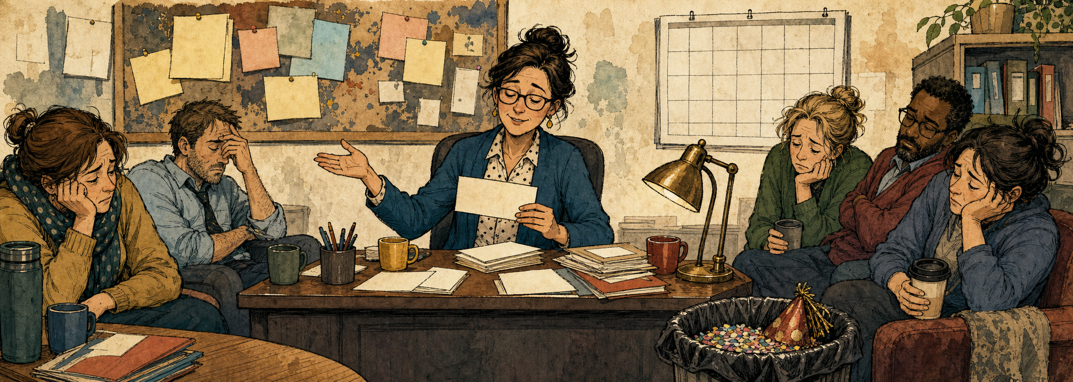 Editorial cartoon of an administrator calmly preparing honest late-year leadership scripts for tired staff