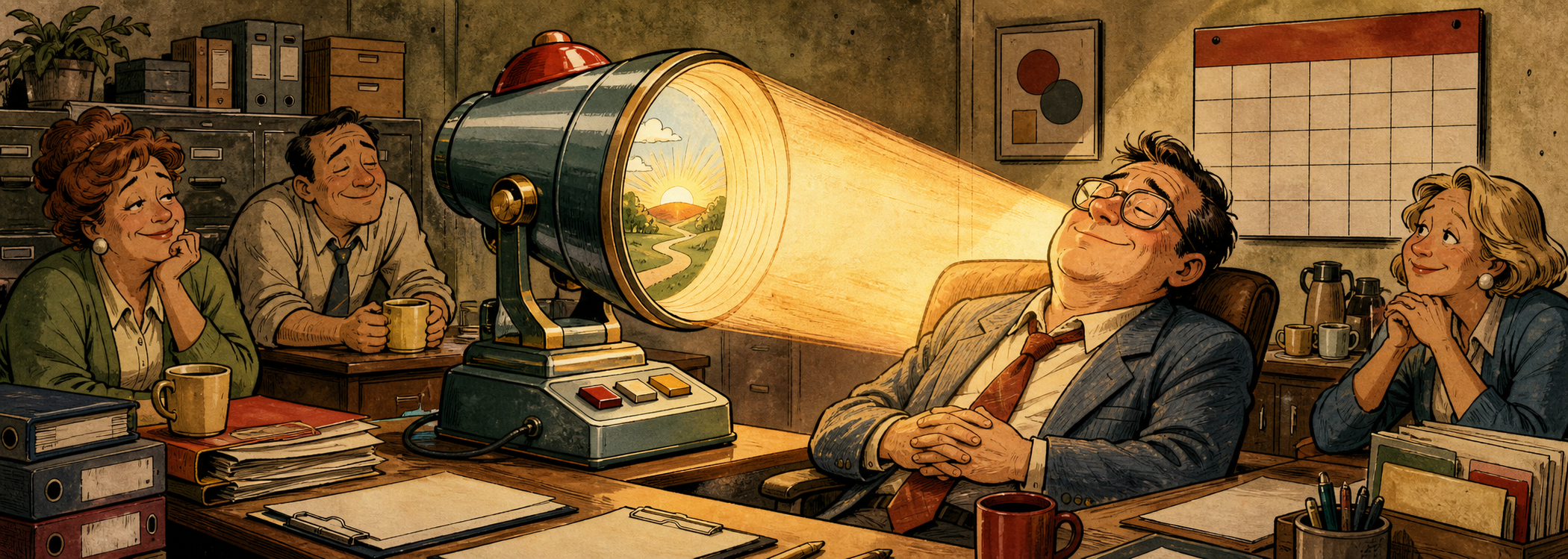 Editorial cartoon fake advertisement for a hope lamp glowing in a windowless school office