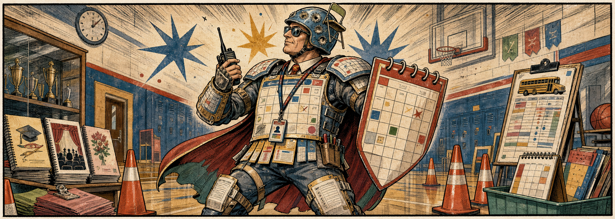 Editorial cartoon fake advertisement for absurd school administrator calendar armor