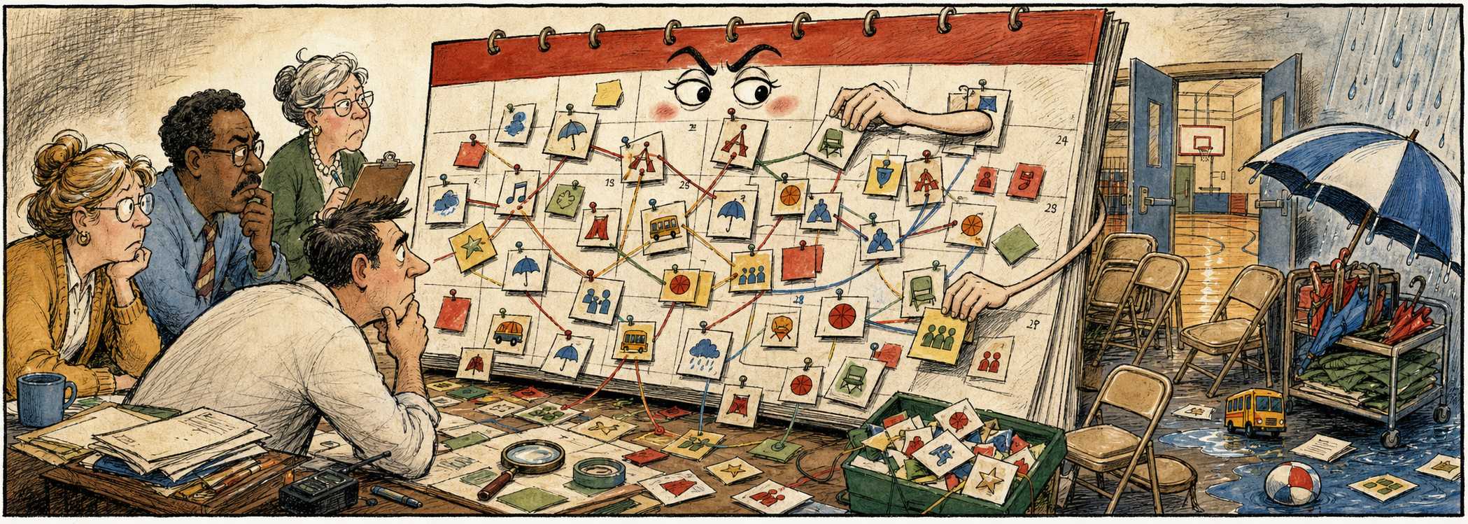 Editorial cartoon of administrators studying a chaotic June calendar escape room