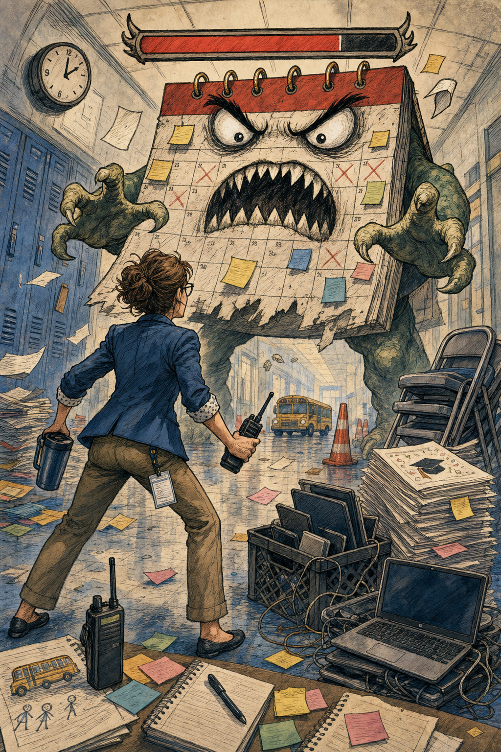 ADMIN SURVIVOR cover illustration of a school administrator facing the June final boss