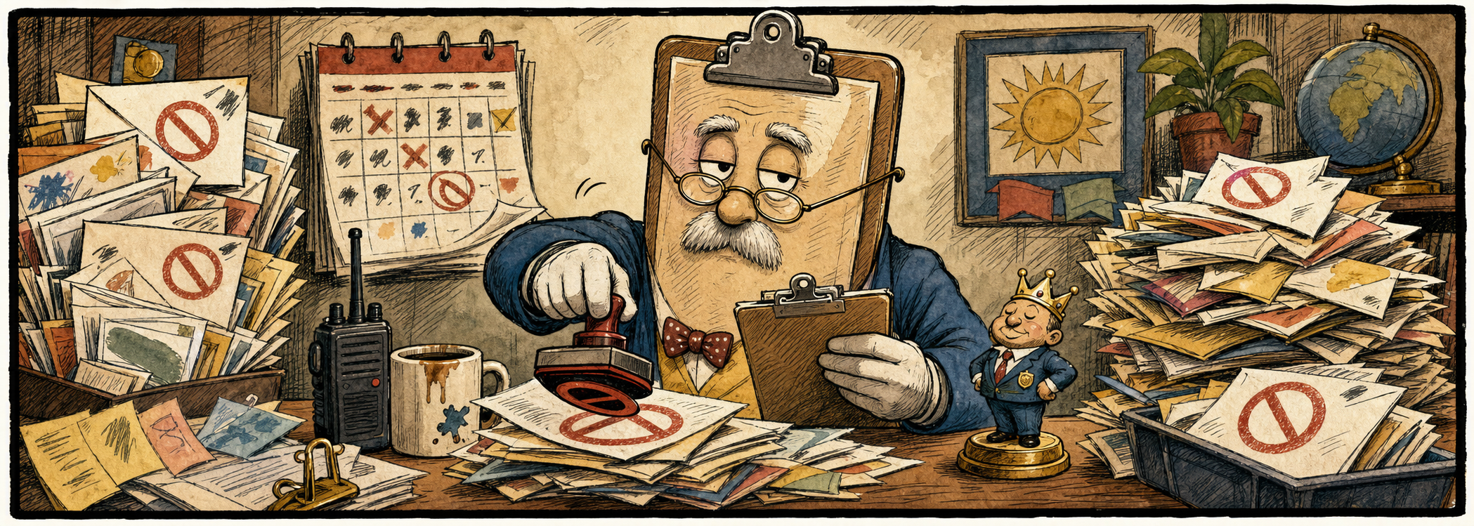 Editorial cartoon of Dr. Clipboard answering June final boss advice letters at a messy desk