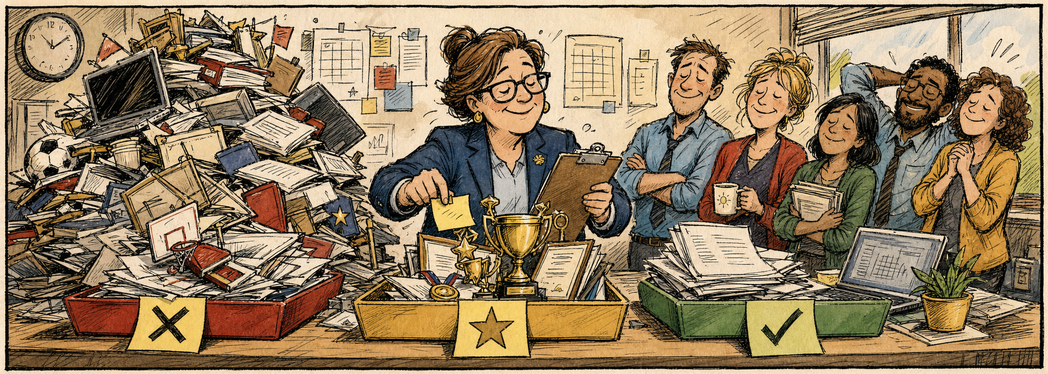 Editorial cartoon of an administrator sorting end-of-year school tasks into triage piles