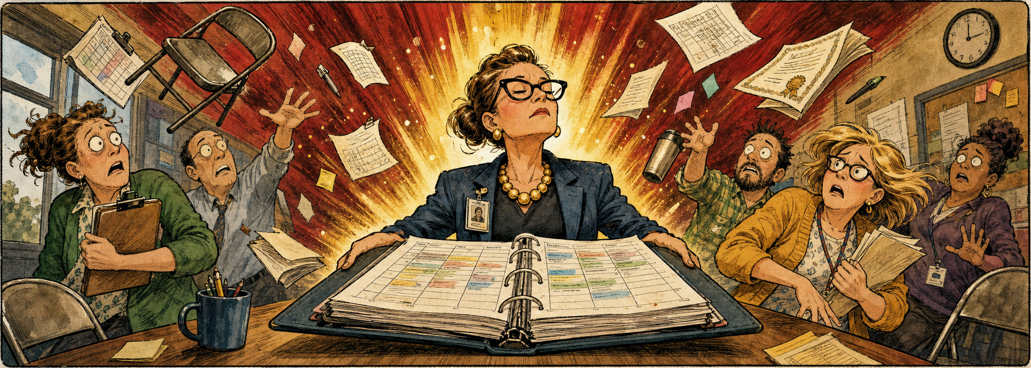 Editorial cartoon of educators reacting as June enters the building like a boss fight