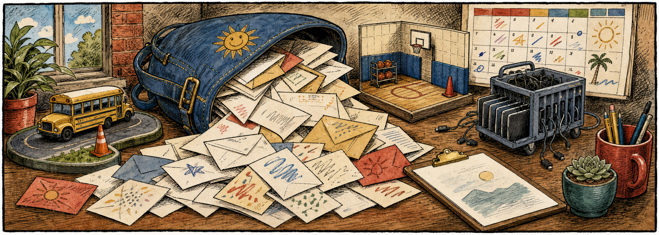 Editorial cartoon of an overflowing June mailbag on a school front office desk
