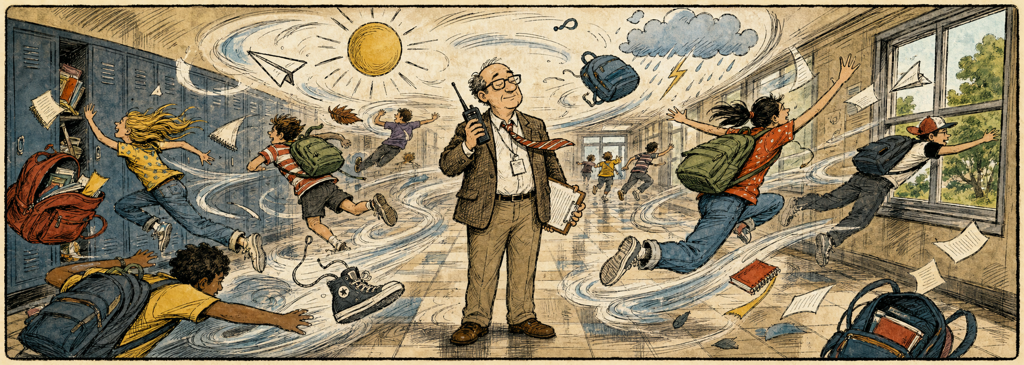 Editorial cartoon of a June hallway behaving like a weather system while an administrator holds a clipboard