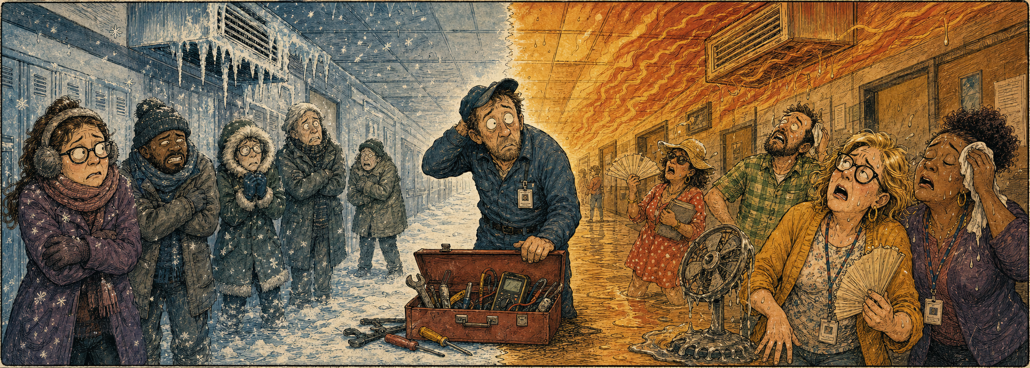 A facilities worker stands between an icy frozen hallway and a sweltering overheated hallway while educators bundle up or fan themselves