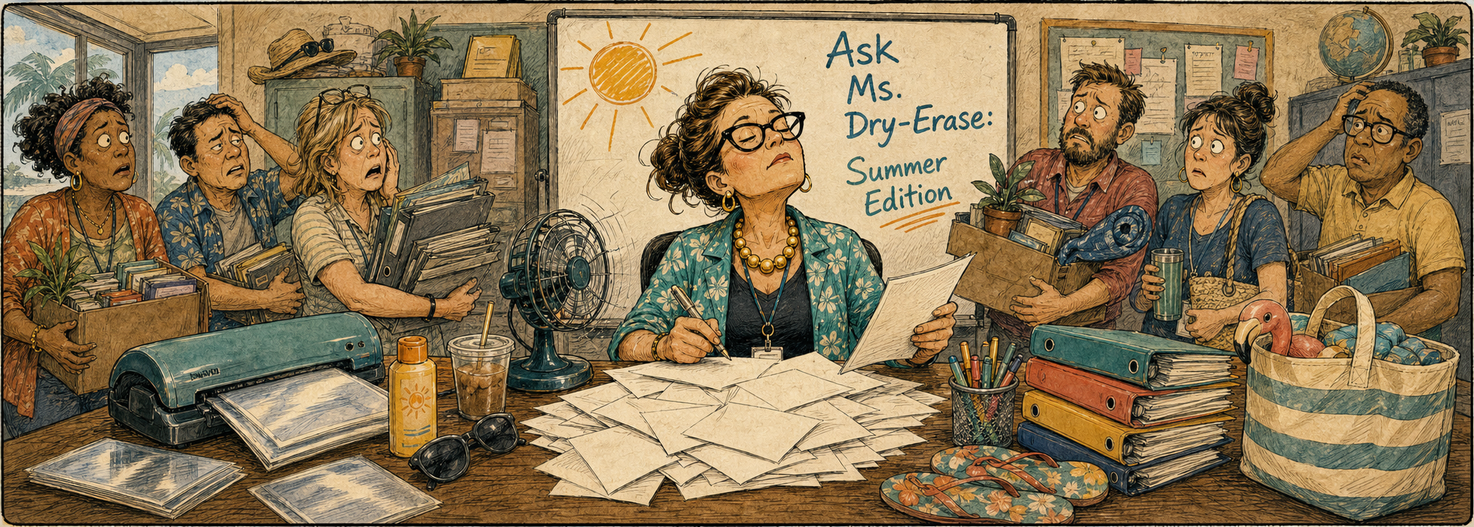 Ms. Dry-Erase calmly answers letters at a summer advice desk while teachers wait with boxes, binders, a laminator, fan, sunscreen, and flip-flops