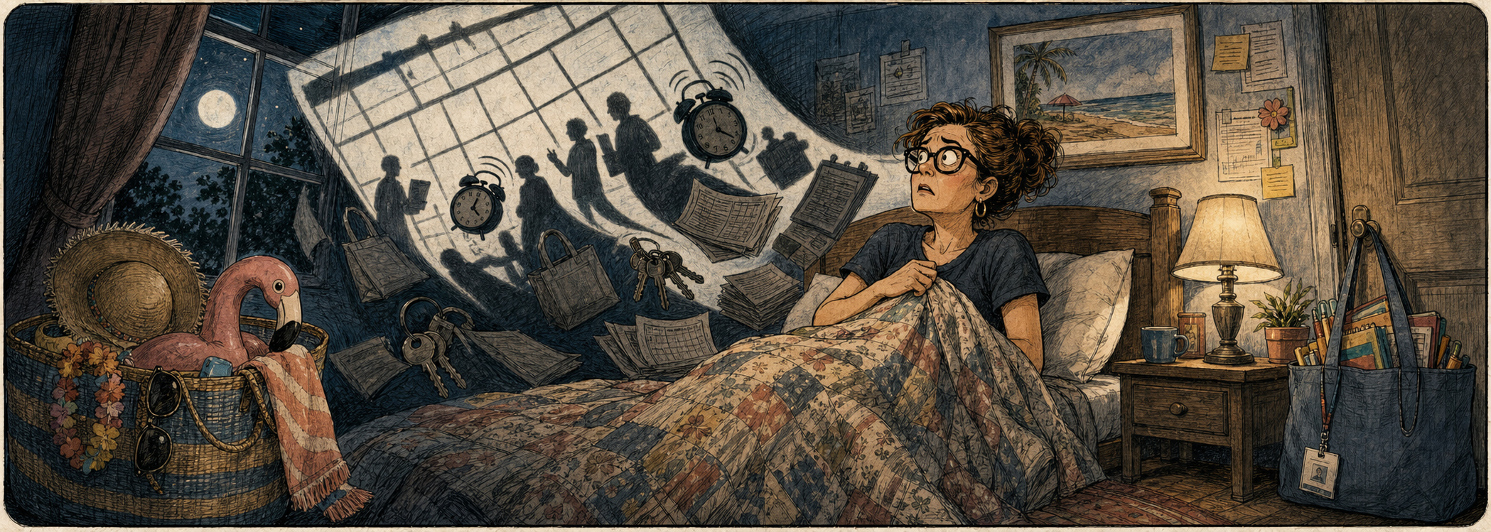 A teacher wakes at night as a calendar-shaped shadow carries alarm clocks, rosters, keys, forms, and school bags into the room