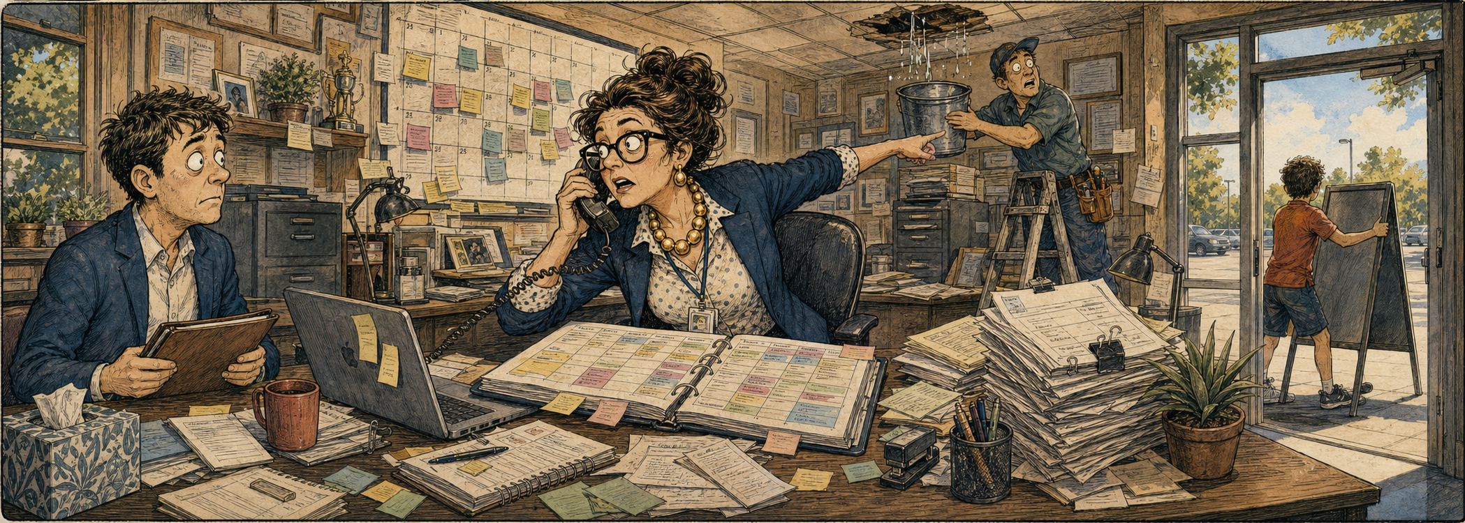 An administrator handles an interview, phone call, master schedule, repair request, and paperwork in a busy summer office