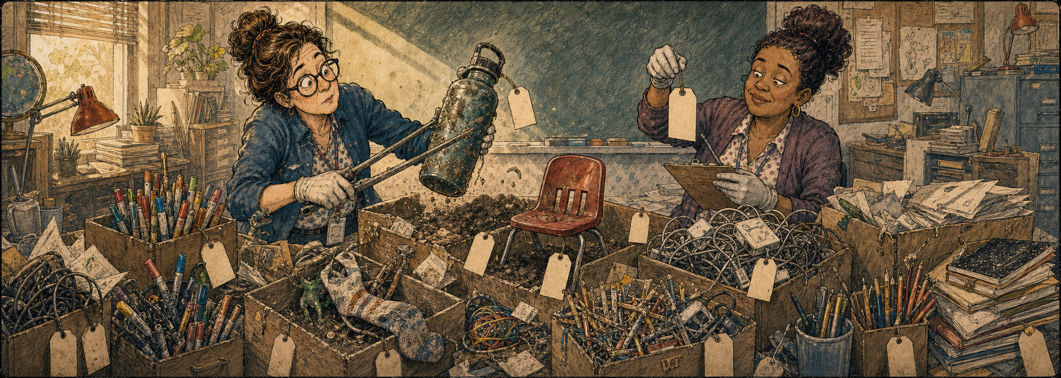 Two teachers catalog a mysterious water bottle, tangled chargers, pencils, markers, papers, and classroom objects like archaeological artifacts