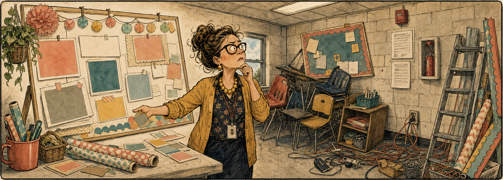 A teacher compares a colorful inspiration board with a cinderblock classroom full of tangled cords, stacked chairs, a ladder, and stubborn furniture