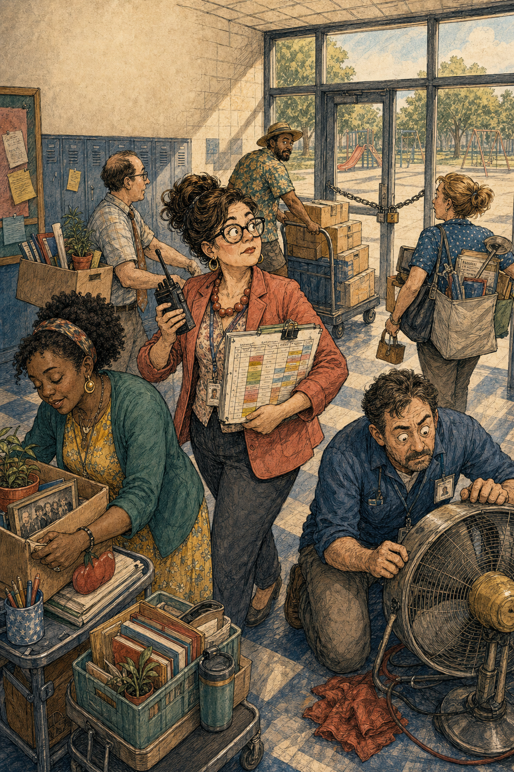 Teachers and administrators carrying boxes, schedules, supplies, and tools inside a school with chained front doors during summer