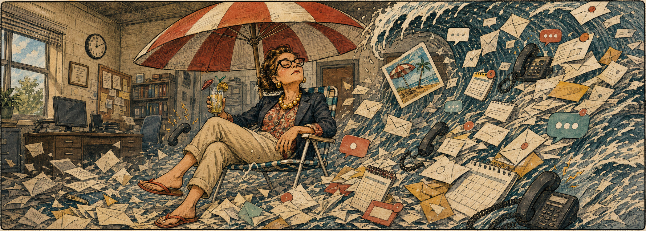 An administrator sits under a beach umbrella in an office while a tidal wave of envelopes, phones, calendars, and notifications crashes toward her