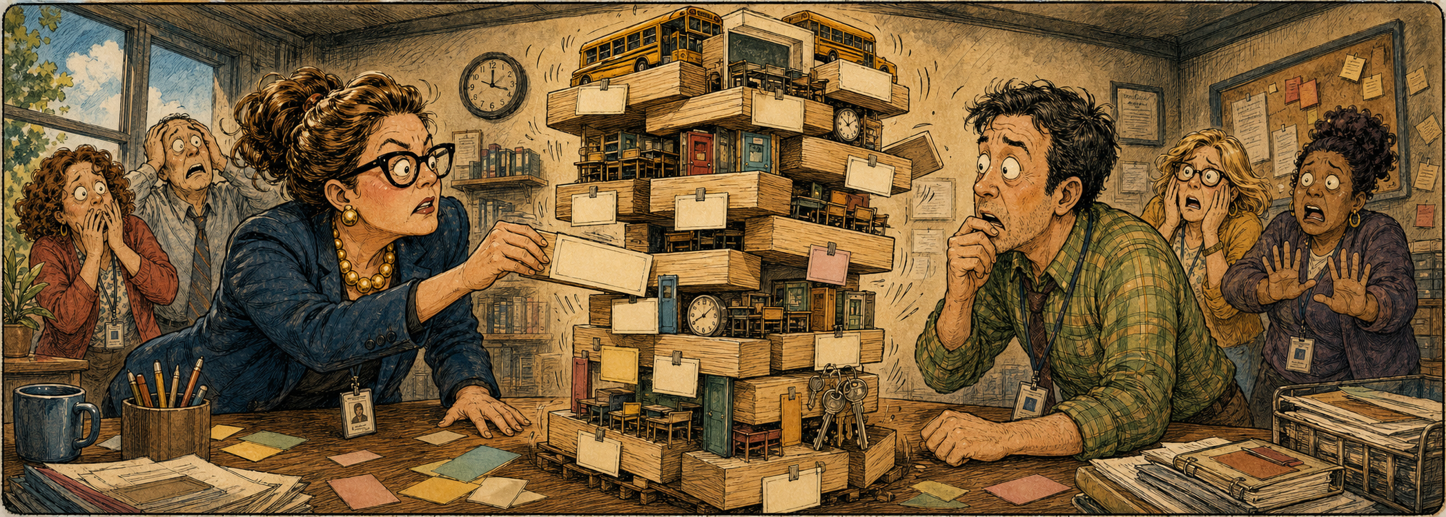 Administrators carefully remove a block from a towering master schedule built from classroom doors, clocks, keys, desks, and blank course cards