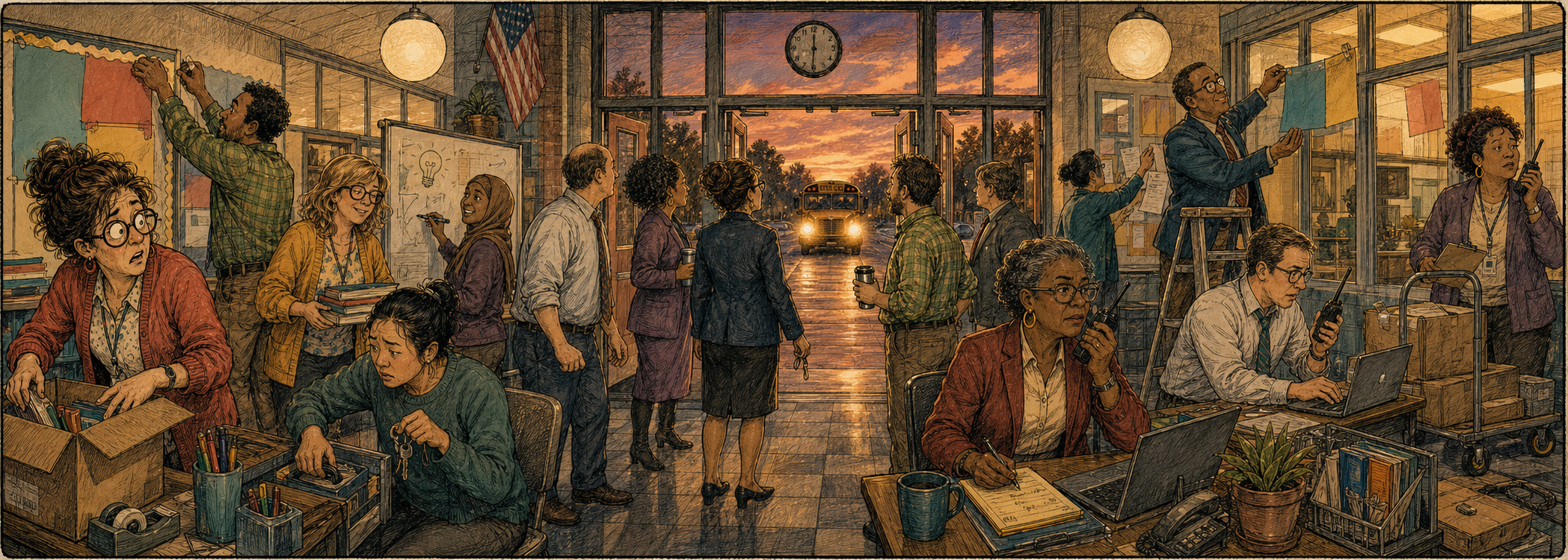 At dusk, teachers unpack classrooms while administrators revise schedules and coordinate deliveries, all pausing as a school bus approaches the front entrance