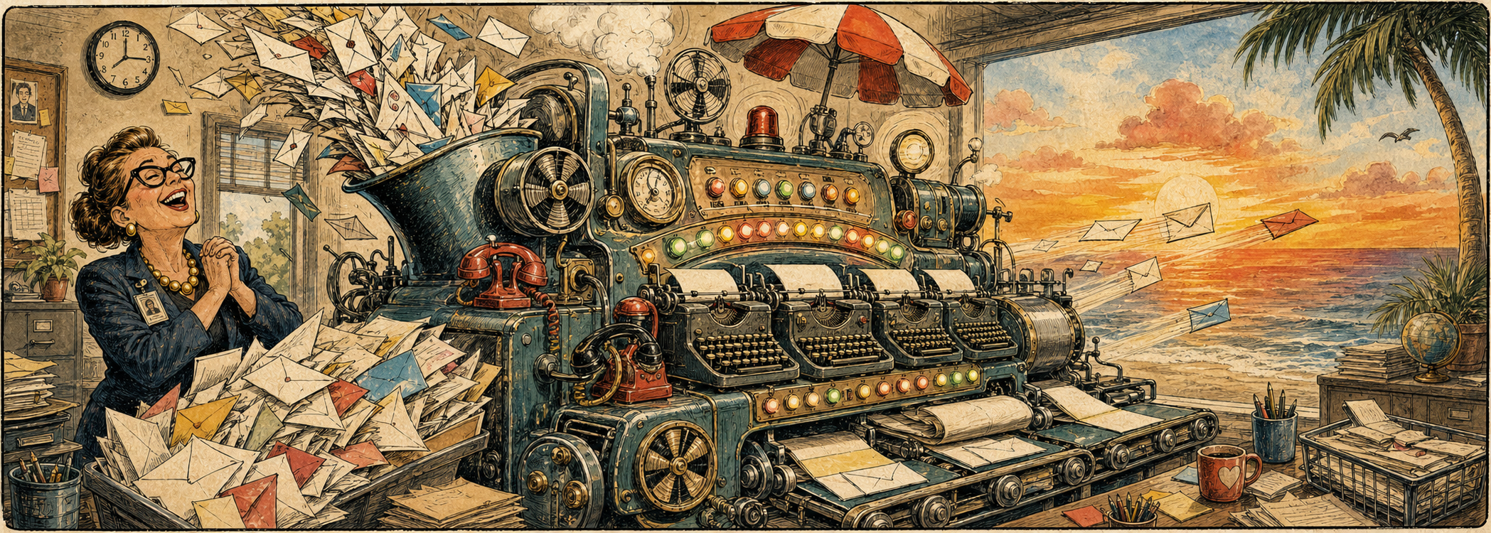 A delighted administrator watches a giant retro autoresponder machine transform piles of incoming envelopes into replies headed toward an ocean sunset