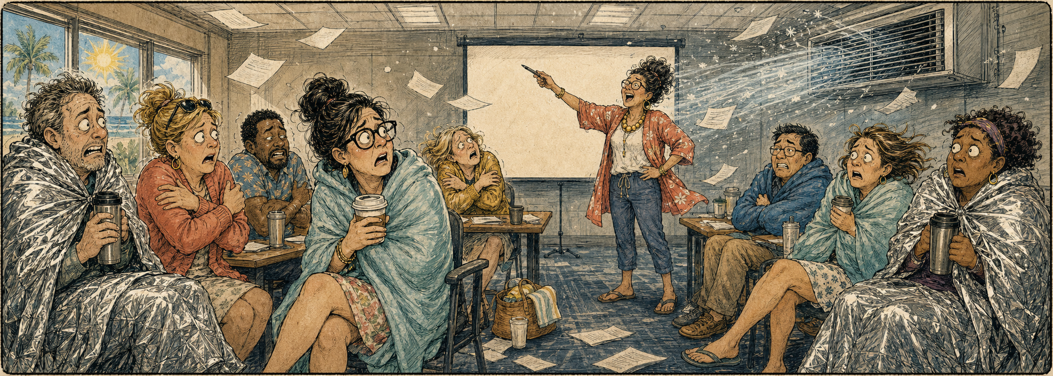 Teachers in summer clothes wrap themselves in blankets during an over-air-conditioned professional development session