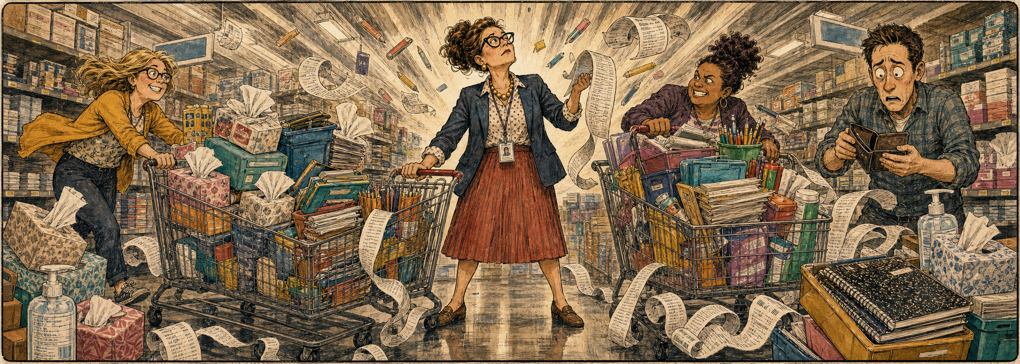 Teachers push overflowing school-supply carts while long receipts unspool and one educator checks an empty wallet