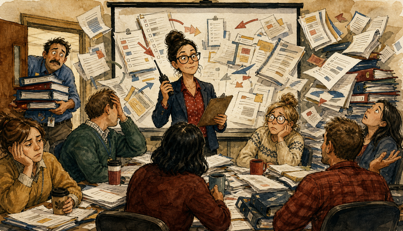 The female principal presents beneath a storm of procedure sheets while tired teachers sit around a table and the male principal carries binders