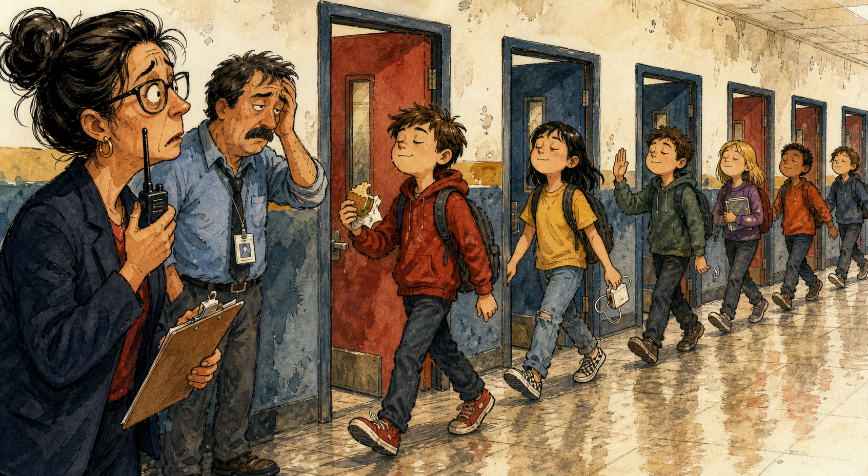 Students reappear from classroom doors after lunch while the recurring principals watch with tired disbelief