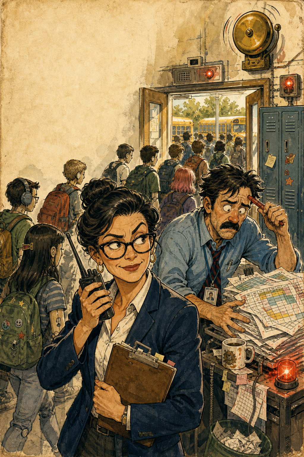 The recurring female and male principals face students returning through a school entrance as warning lights blink