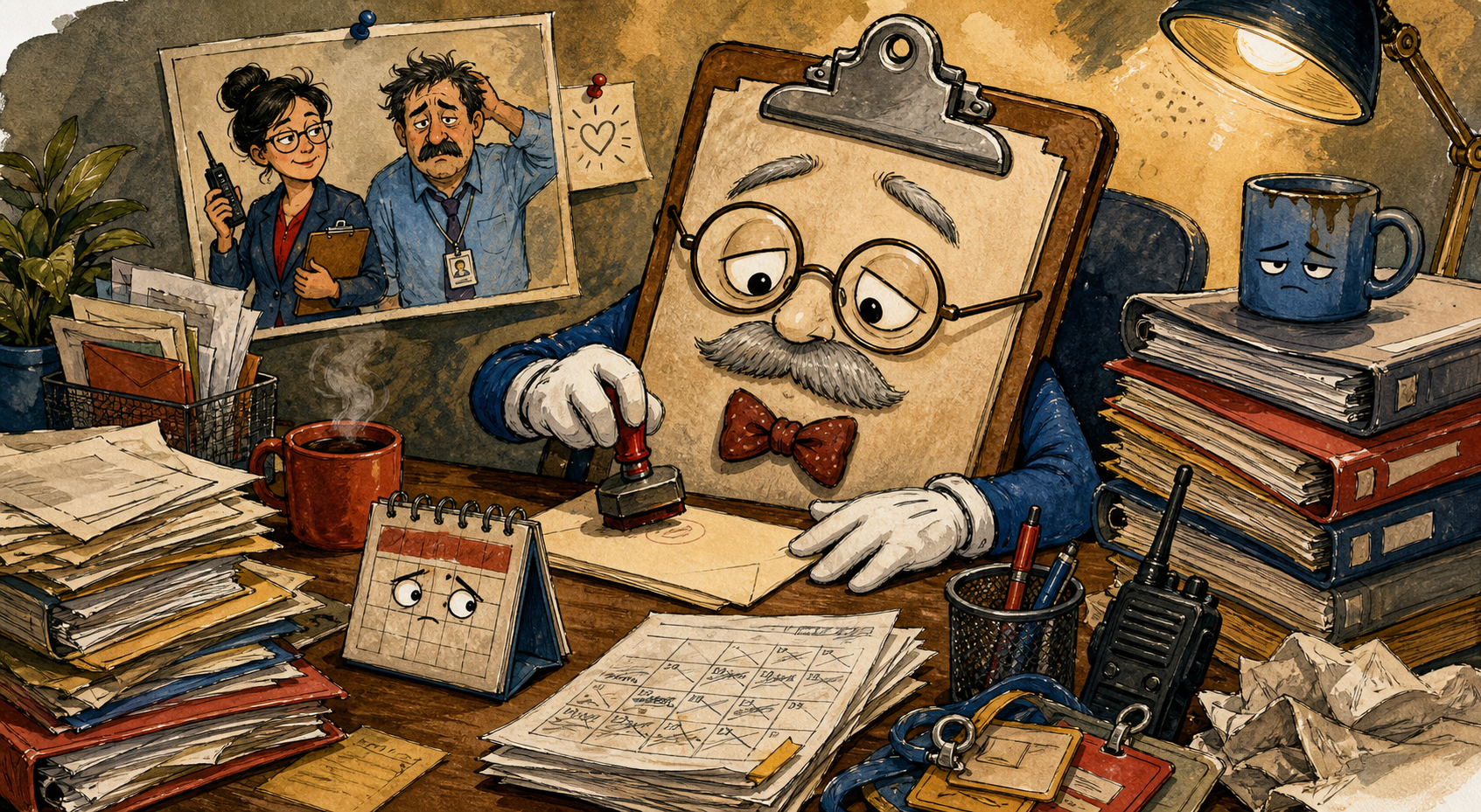 Dr. Clipboard stamps advice letters at a cluttered desk while a calendar, coffee mug, and walkie-talkie look tired
