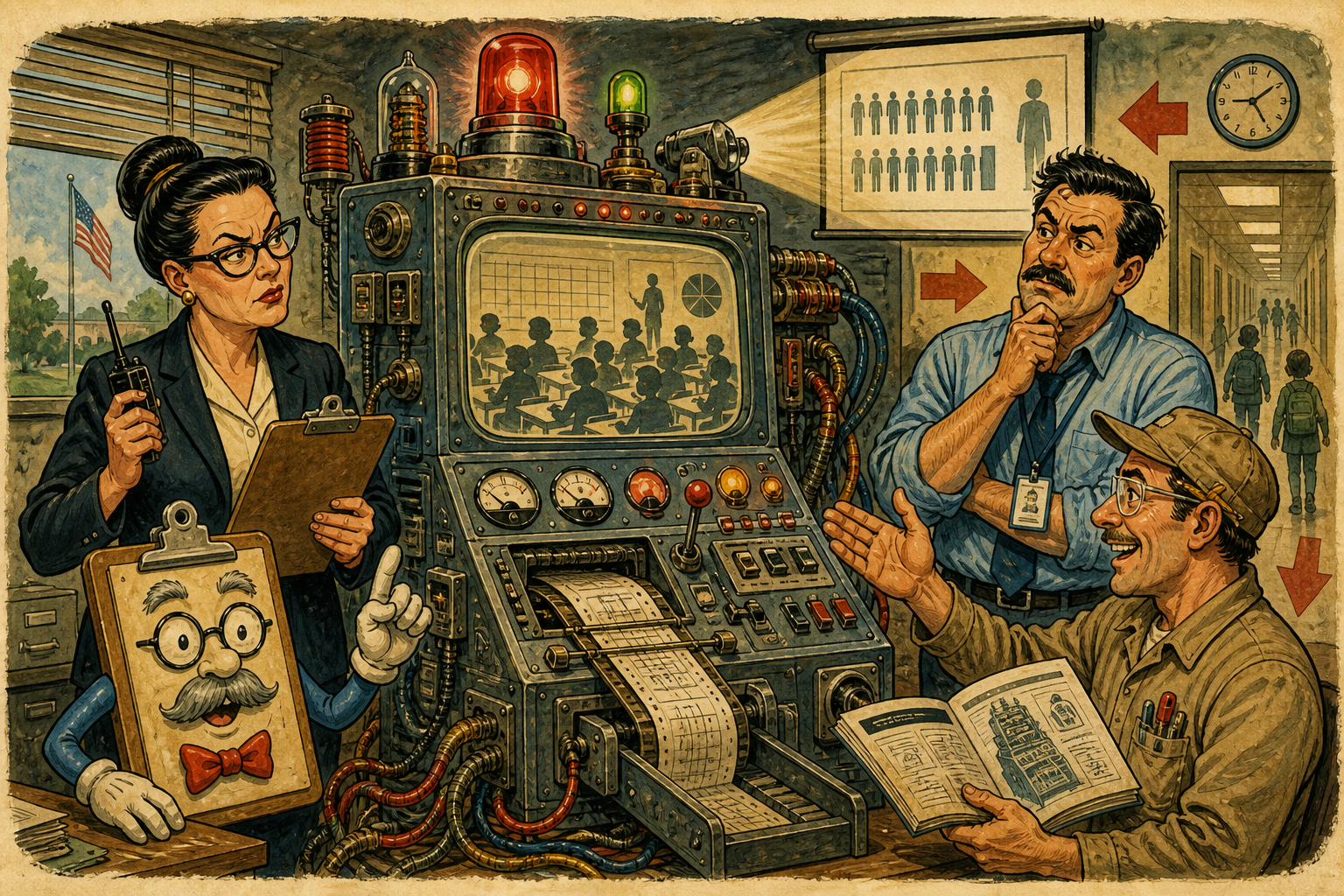 The recurring principals and Dr. Clipboard stand beside an absurd school-system upgrade machine