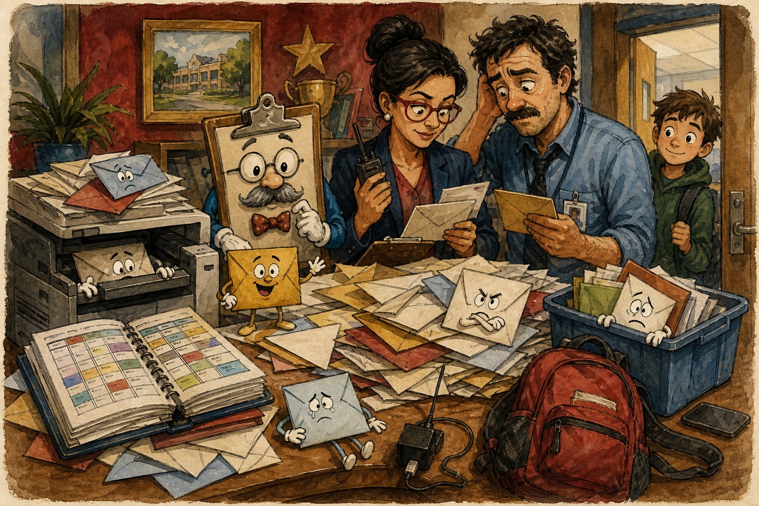 The recurring principals sort expressive letters around a copier, master schedule, backpack, charger, and Dr. Clipboard