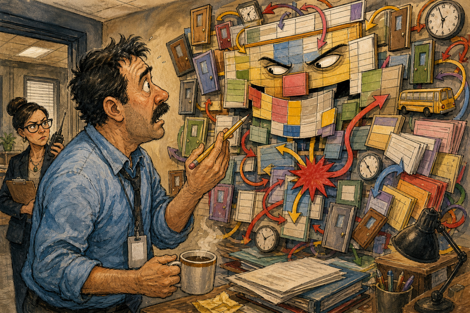 The male principal negotiates with a towering master schedule made of classroom doors, clocks, colored blocks, and tangled arrows