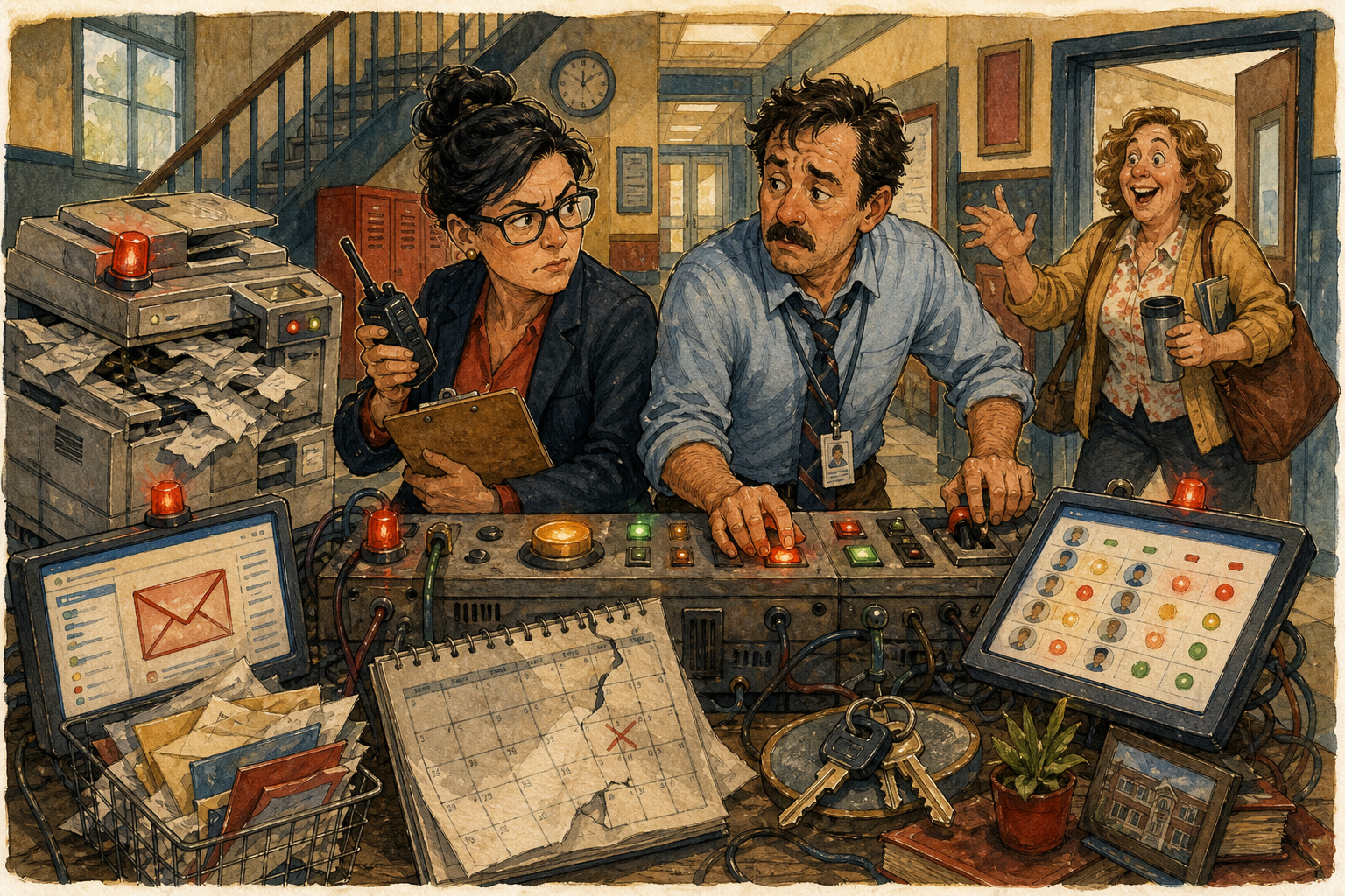 The recurring female and male principals operate a control panel while a copier, calendar, inbox, and keys load around them