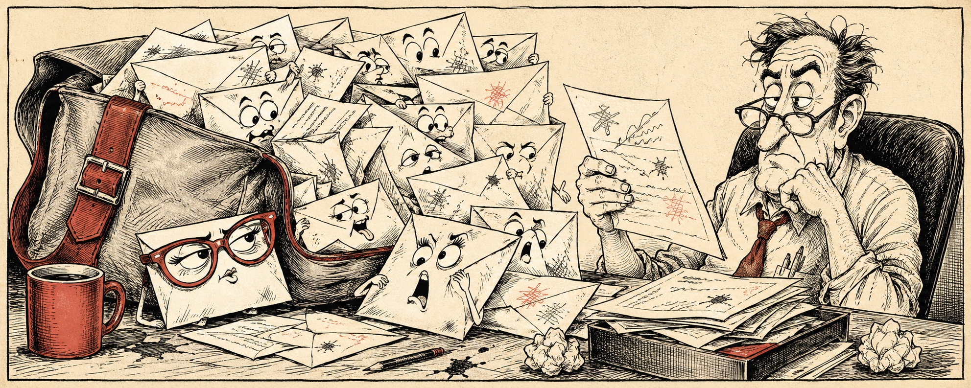 Editorial cartoon of an overstuffed letters-to-the-editor mailbag on a desk