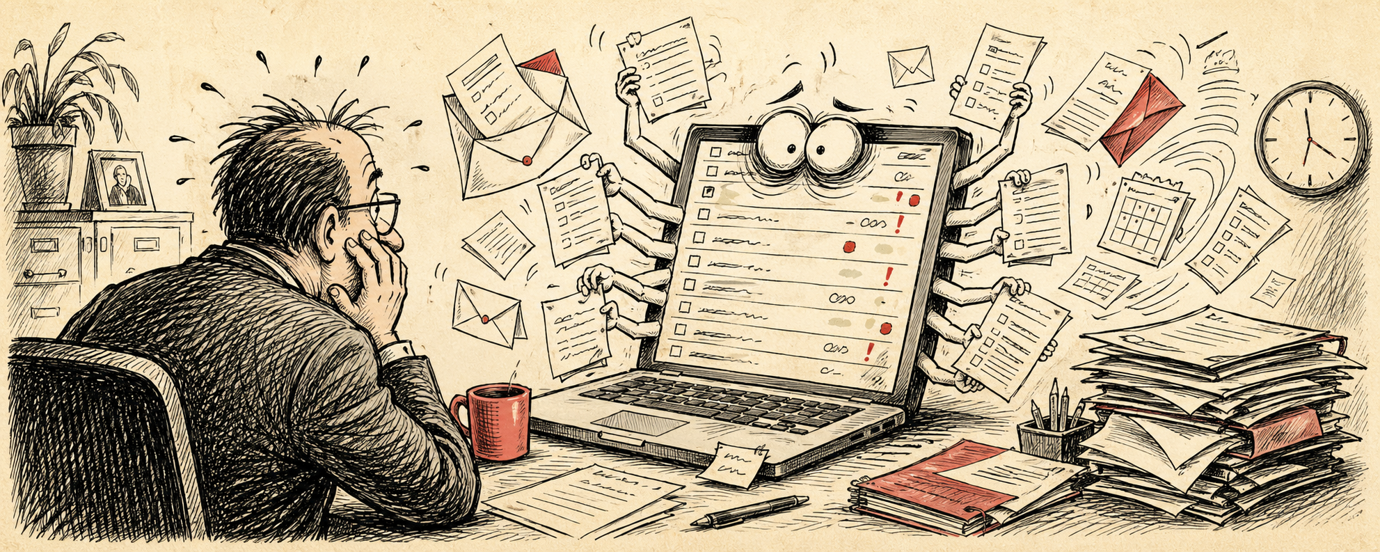 Editorial cartoon of a school administrator facing a sentient overflowing email inbox