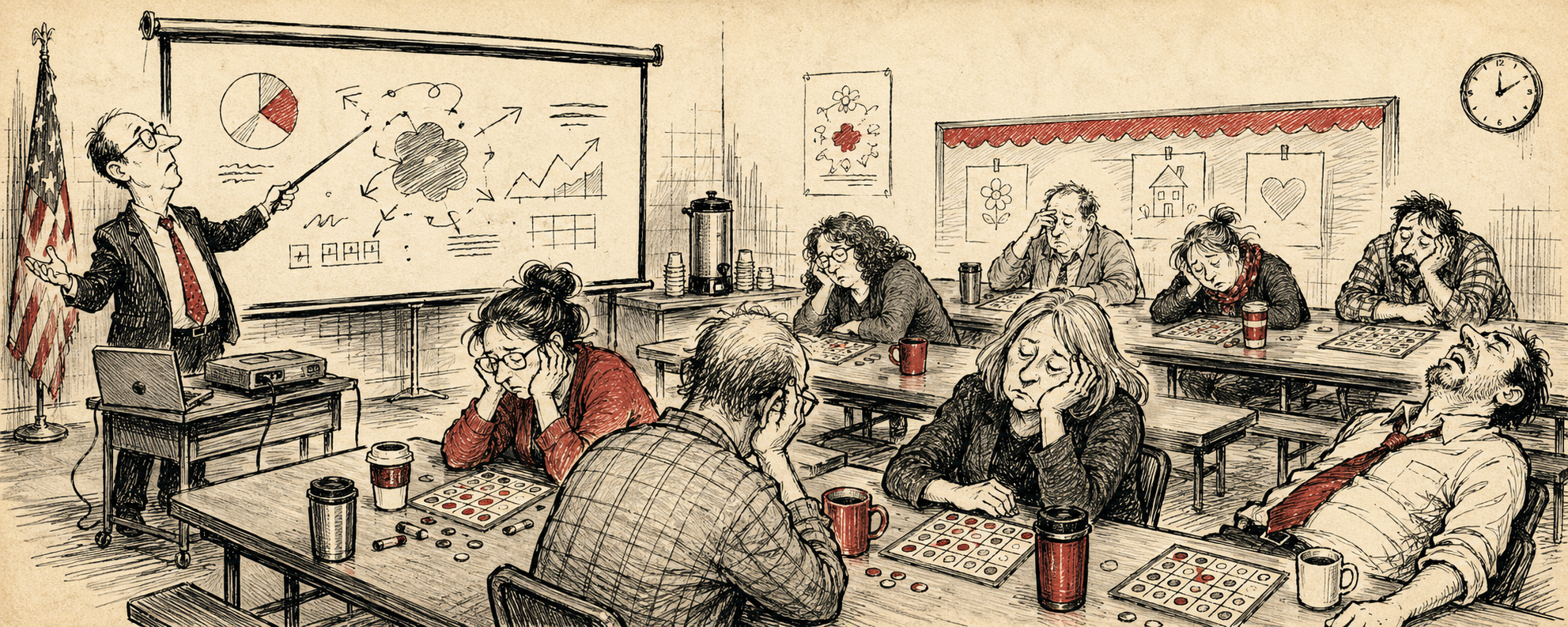 Editorial cartoon of an exhausting professional development meeting with teachers and bingo cards
